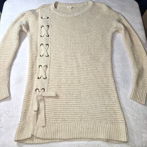 Maurices Womens  Lace Up Tan Tunic Sweater Size S Scoop Neck Relaxed Fit